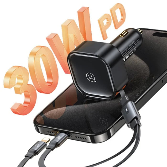 USAMS C41 30W Car Charger With 2IN1 Retractable Cable Type-C+Lightning