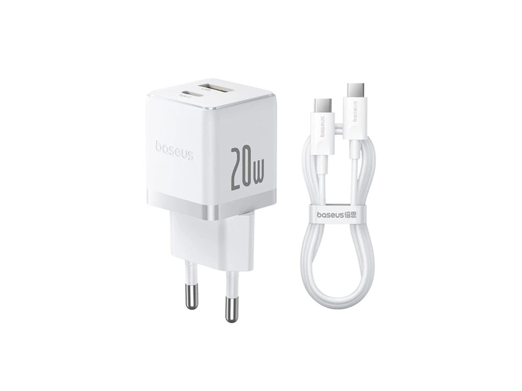 Baseus Palm Fast Charger C+U 20W EU Moon White (with Baseus Mini White Cable USB-C to USB-C 60W (20V/3A) 1m)