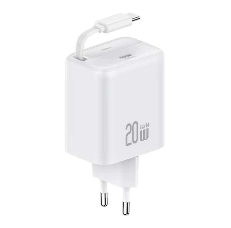 USAMS 20W GaN Charger With Type-C Retractable Cable - YC Series (EU ) Type-C Port + 80CM Type-C Retractable cable