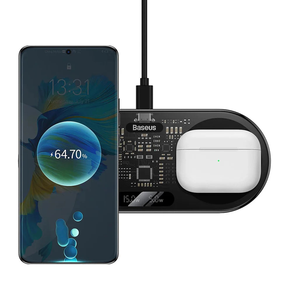 Baseus Digital LED Display 2in1 Wireless Charger 20W Universal version (Include: USB For type-C 3A 1m）